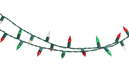 Horizontally arranged C7 christmas lights with red, green, clear bulbs on dark green wire, studio shot on transparent background with copy space, festive holiday mood