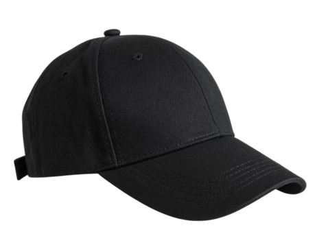Modern Black Baseball Cap with Curved Visor, Isolated PNG.