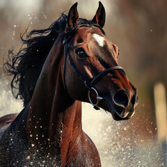 Racehorse mid-gallop with flaring nostrils, sweat on coat, extreme close-up, UHD 8K 