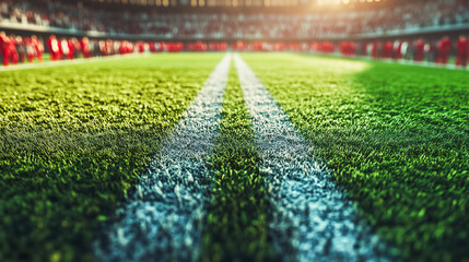 Naklejka premium Sports Competition Matchup. football stadium, team versus logo, green fields background template, vs match, two teams, versus background image