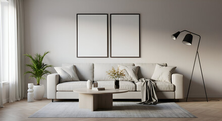 A modern, minimalist living room setting with a light gray sofa, round coffee table, and two framed pieces of empty art is perfect for advertising interior design services.