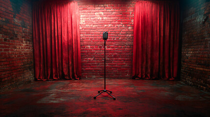 Stage for open mic comedy, brick background with red curtains, stand up comedy show poster background, with microphone stand on the middle
