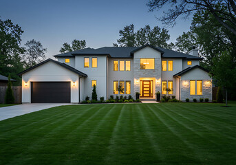 Obraz premium Exterior of a modern luxury home with a large lawn at twilight