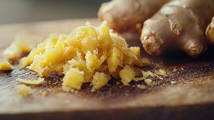 Grated ginger on a wooden board