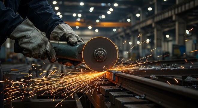 Metalworker Cutting Steel with Angle Grinder in Factory, Sparks Flying, Close-up View, Worker uses an angle grinder to cut metal, sending a shower of hot sparks in a steel fabrication workshop