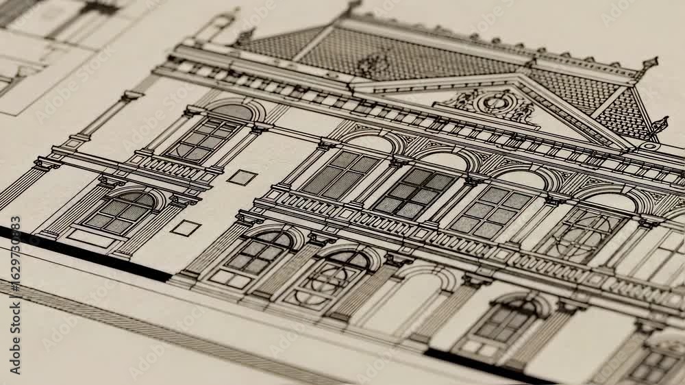 Poster Vintage blueprint print showing classic building design and structural details