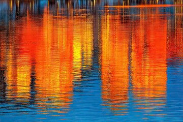 Vibrant reflections of fiery trees on rippled water