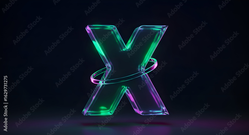 Poster Neon glowing translucent letter X with orbiting ring in a dark studio setting. Abstract design element for branding or digital media. Graphic designer with modern font studio -