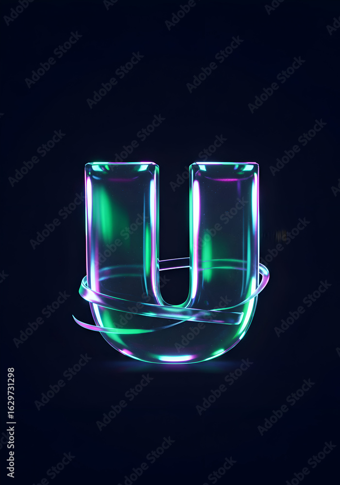 Aufkleber neon glowing letter u in a 3d design with an abstract shape. vibrant illuminated letter u in a dark 