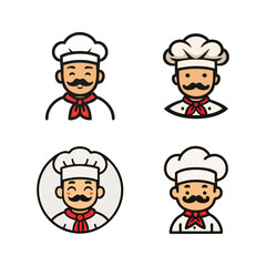 Set of 4 cute cartoon chef icons in flat vector style. Each chef wears a white hat, red scarf, and has a mustache. Colorful and minimal, perfect for food branding, apps, or kids’ materials.