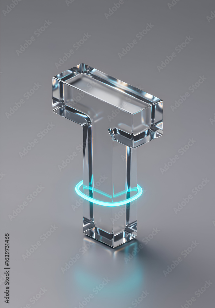 Poster transparent letter t with glowing teal outline on a grey surface. abstract geometric design with lig