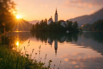 Lake Bled Glows at Dusk with Triglav in the Distance, Seen From a Quiet Shoreline of Native Flora.