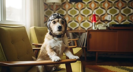 Retro dog wearing aviator goggles and hat sits in a vintage living room