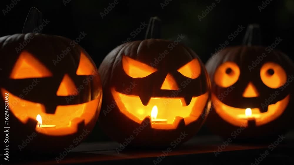 Poster three glowing jackolanterns sit in the dark each with a unique carved face illuminated by a candle i