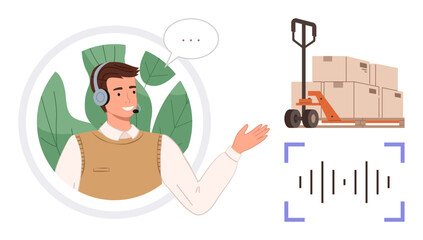 Customer support agent gesturing, headset on, speech bubble, pallet jack with boxes, soundwave icon. Ideal for logistics, delivery management, customer service, technology voice communication