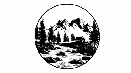 Circular black and white sketch of a mountain landscape with a small cabin by a river.  Forest and peaks fill the frame