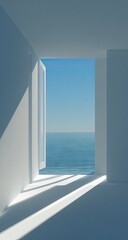Obraz premium White room with ocean view. Sunlight streams in