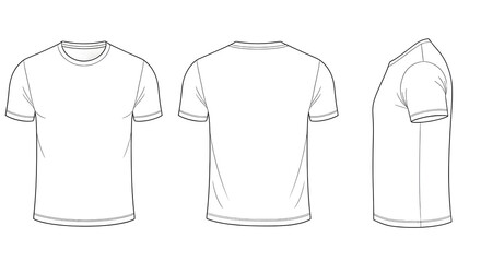 Three views of a blank white t shirt outline front back and side design