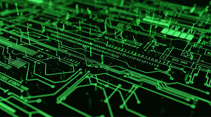 Obraz premium Green illuminated circuit board background with glowing lines and binary code, representing technology, data, AI, and digital innovation.