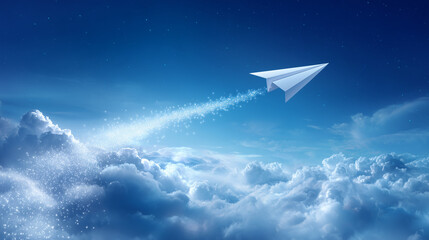 Paper airplane soaring above clouds in dreamy sky with sparkling trail, cinematic depth and warm lighting, symbolic of imagination and dreams taking flight