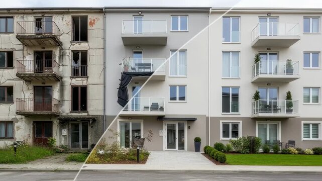Smooth transitional footage revealing upgrades from rundown building to modern residential exterior.
