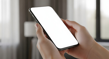 Close Up of Black Smartphone with White Screen Being Held by Two Hands