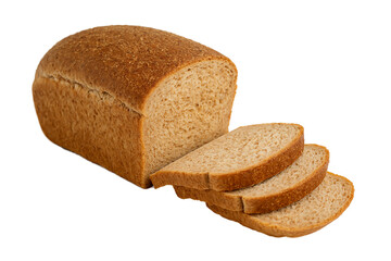 Freshly baked whole wheat bread loaf with three slices on white background, isolated, healthy organic bakery product, perfect for breakfast, sandwiches, diet meals, nutritious homemade brown bread