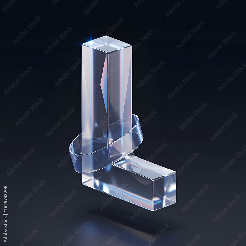 Poster transparent letter l with iridescent effect in a studio setting. geometric design with a wrapping ri