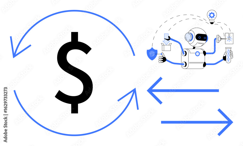 Aufkleber dollar sign within circular arrows symbolizing money flow, next to a robot managing financial tasks.