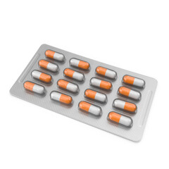 Blister Pack of Orange and White Capsules Isolated on Transparent Background

