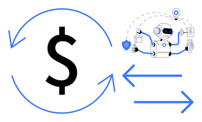 Dollar sign within circular arrows symbolizing money flow, next to a robot managing financial tasks. Ideal for finance, automation, AI, innovation, technology, fintech efficiency. Simple flat