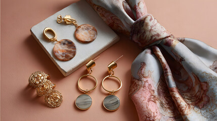 Elegant Jewelry Display: A curated selection of luxurious, shimmering gold earrings and ring artfully arranged alongside a silk scarf, celebrating opulence and artistic flair.
