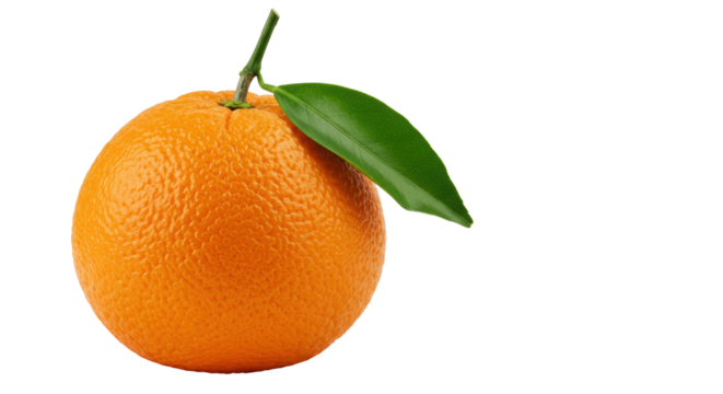 Vibrant, perfectly ripe orange with green stem and leaves on transparent minimalist studio surface, soft diffused lighting, ample copy space, concept of natural health and freshness