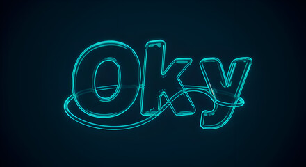 Modern turquoise glowing letters spelling OK in a 3D design. Abstract illuminated letters with a flowing, intertwined design against a dark background.