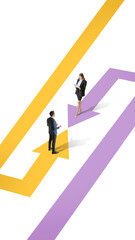 Creative digital artwork of businessman and businesswoman facing each other on opposite colored arrows. Concept of sport infographic, youth branding, and visual education tools.