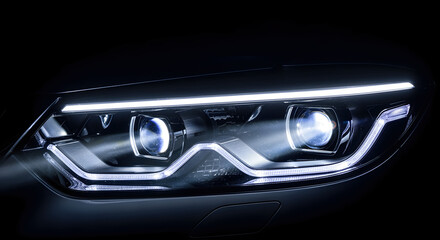 Naklejka premium Close Up of Car Headlight Emitting Bright White Led Illumination in Dark Background Showcasing Modern Automotive Lighting Technology