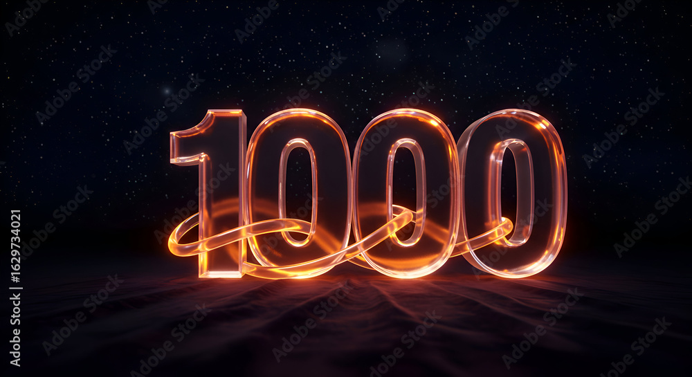 Poster glowing 1000 number display against a starry night background. abstract number display with glowing 