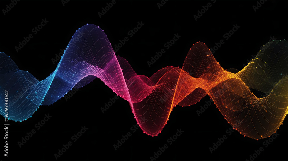 Poster vibrant colorful abstract sound wave pattern composed of tiny glowing particles against a dark backg