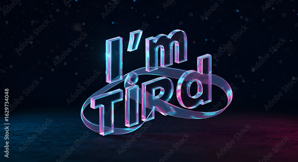 Fototapete neon-colored, transparent 3d text 'i'm tired' on a dark surface with a subtle bokeh effect. abstract