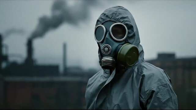 Individual in protective gear observing industrial pollution against a gloomy urban backdrop