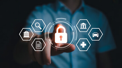 Person s finger touching a glowing digital lock icon surrounded by icons representing security and data protection