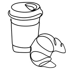  Takeaway coffee with croissant one line art drawing 