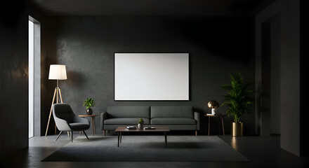 Modern living room with dark gray walls and furnishings featuring a blank canvas poster. Empty room with a stylish sofa and armchairs, showcasing minimalist, sophisticated design.