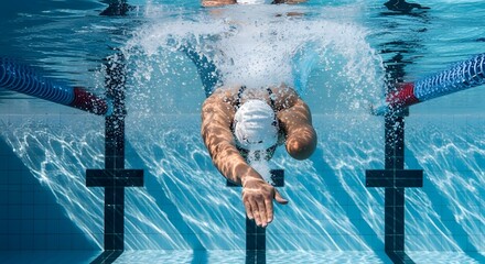 Paralympic swimmer with one arm diving into a pool, water splash frozen mid-air, underwater shadows