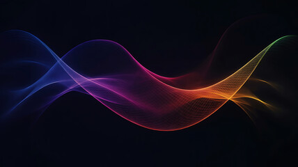 Abstract flowing wave of vibrant purple blue and orange light particles on a dark background