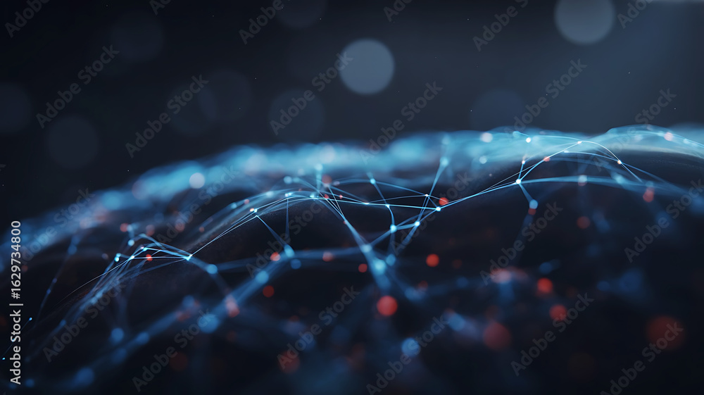 Aufkleber abstract glowing blue digital network with interconnected nodes and lines on a dark background