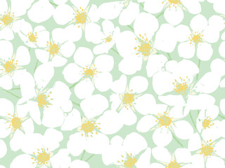Seamless green and white floral background. Minimal abstract organic shapes pattern. Vector green abstact pattern with white flowers.