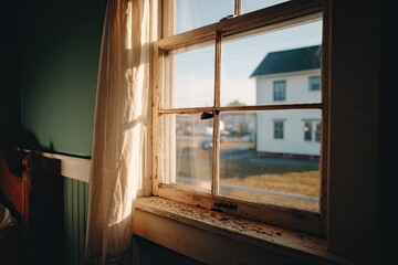 Sunlight streams through a weathered window, illuminating a view of a small town