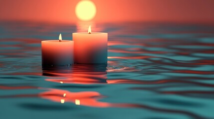 Two candles float on rippling water at sunset