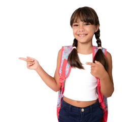 Smiling brunette student schoolgirl wearing school backpack pointing fingers side standing over transparent background. PNG